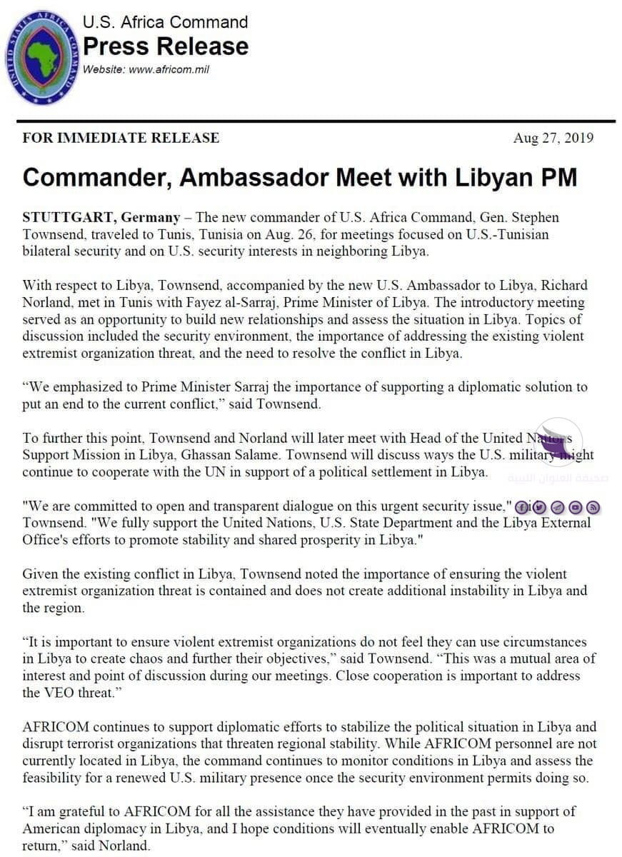 ملف المجموعات المتطرفة في ليبيا على طاولة اجتماع قائد الأفريكوم والسفير الأمريكي بـ"السراج" - 69154771 367375080857218 6658481420962365440 n