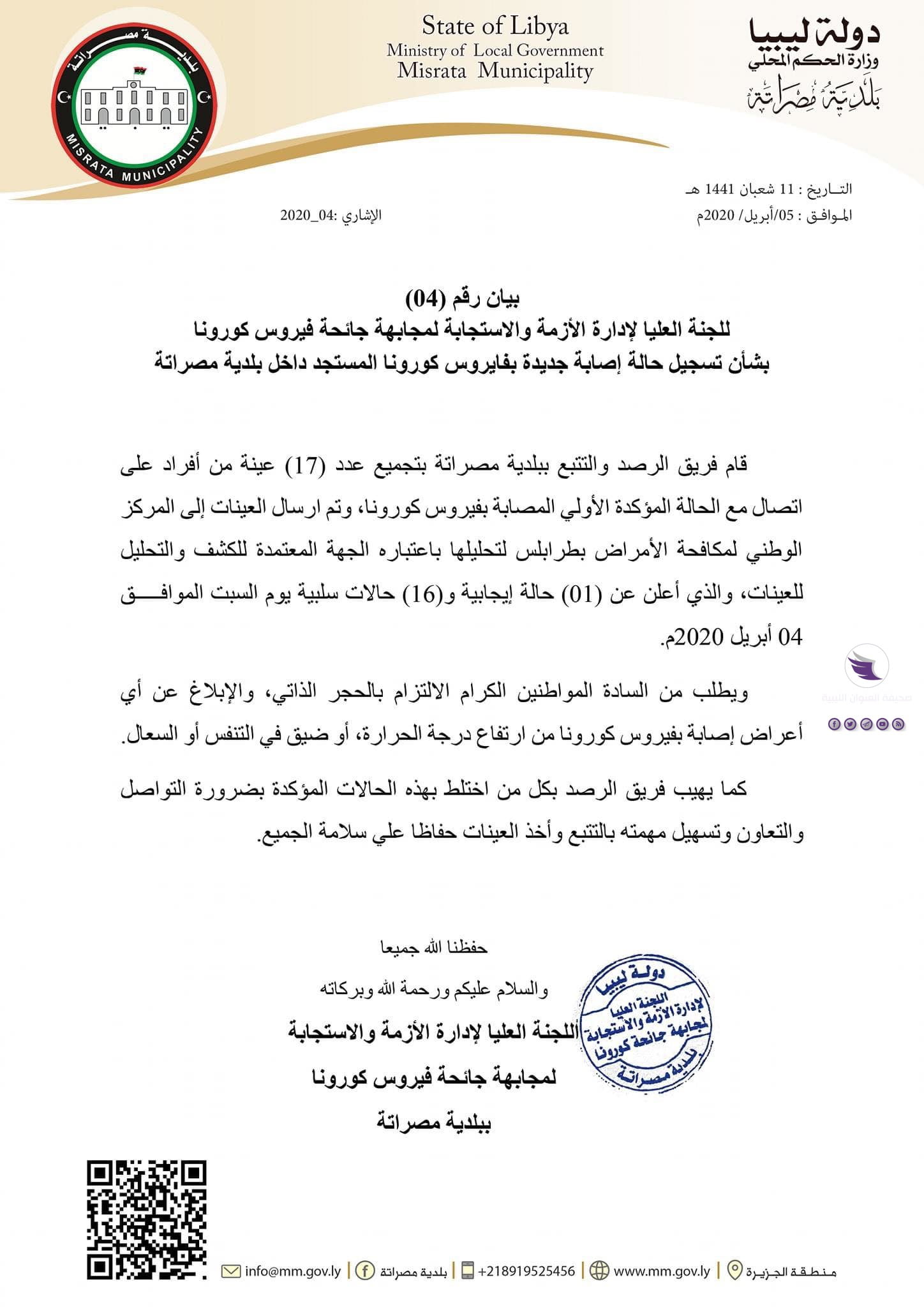 مصراته تعلن تسجيل إصابة جديدة بفيروس كورونا المستجد - 92517774 705836753492633 6022063509322334208 n