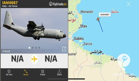 "رادار إيطاليا" يرصد هبوط طائرة أمريكية بالكلية الجوية مصراتة - PSD العنوان 10