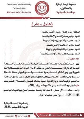 السلامة الوطنية تعلن رفع درجة الاستعداد عقب التحذيرات الجوية في الشمال الغربي والمناطق الساحلية - 457277815 917234770447373 5560187349763779464 n